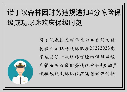 诺丁汉森林因财务违规遭扣4分惊险保级成功球迷欢庆保级时刻 诺丁汉森林因财务违规遭扣4分惊险保级成功球迷欢庆保级时刻